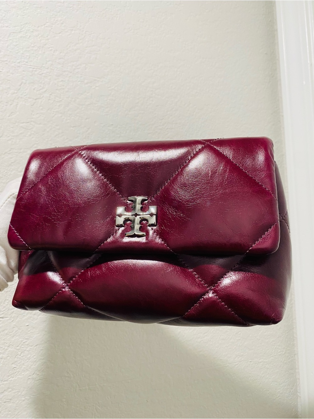 Tory Burch Quilted Leather Fold-Over Clutch in Burgundy